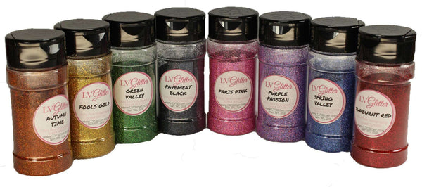 Starter Holographic Bundle - Autumn Time, Fools Gold, Green Valley, Pavement Black, Paris Pink, Purple Passion, Spring Valley, Sunburnt Red Holographic Ultra Fine Glitter